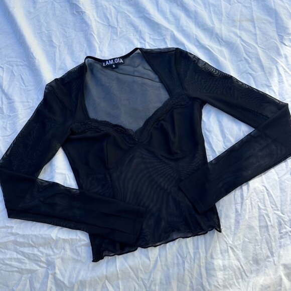 I.AM.GIA Gianna Mesh Long Sleeve Top Black Sheer Lace Trim - S - Picture 10 of 10